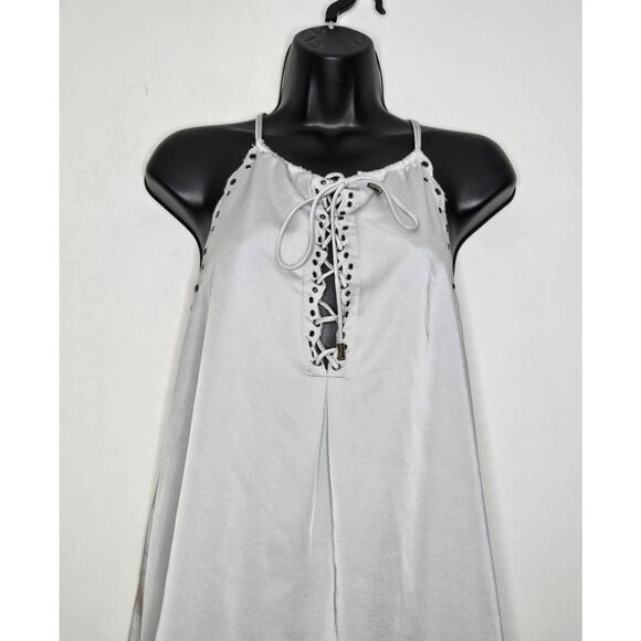 Sugar Lips Dress Size Medium Silver Gray Lace Up Gromets Mini - Picture 2 of 5